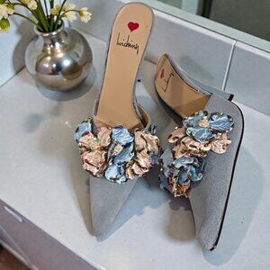 NWOB Vintage Luichiny Floral  "Glitz Flowers" 3D Mules | Y2K Blue Heels Sz 8